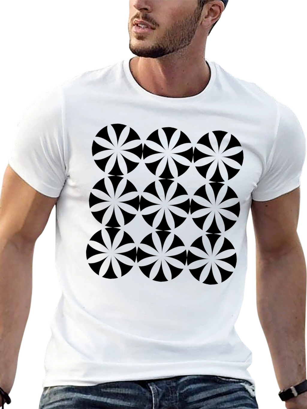 Geometric Flower Circle Pattern Black T-Shirt