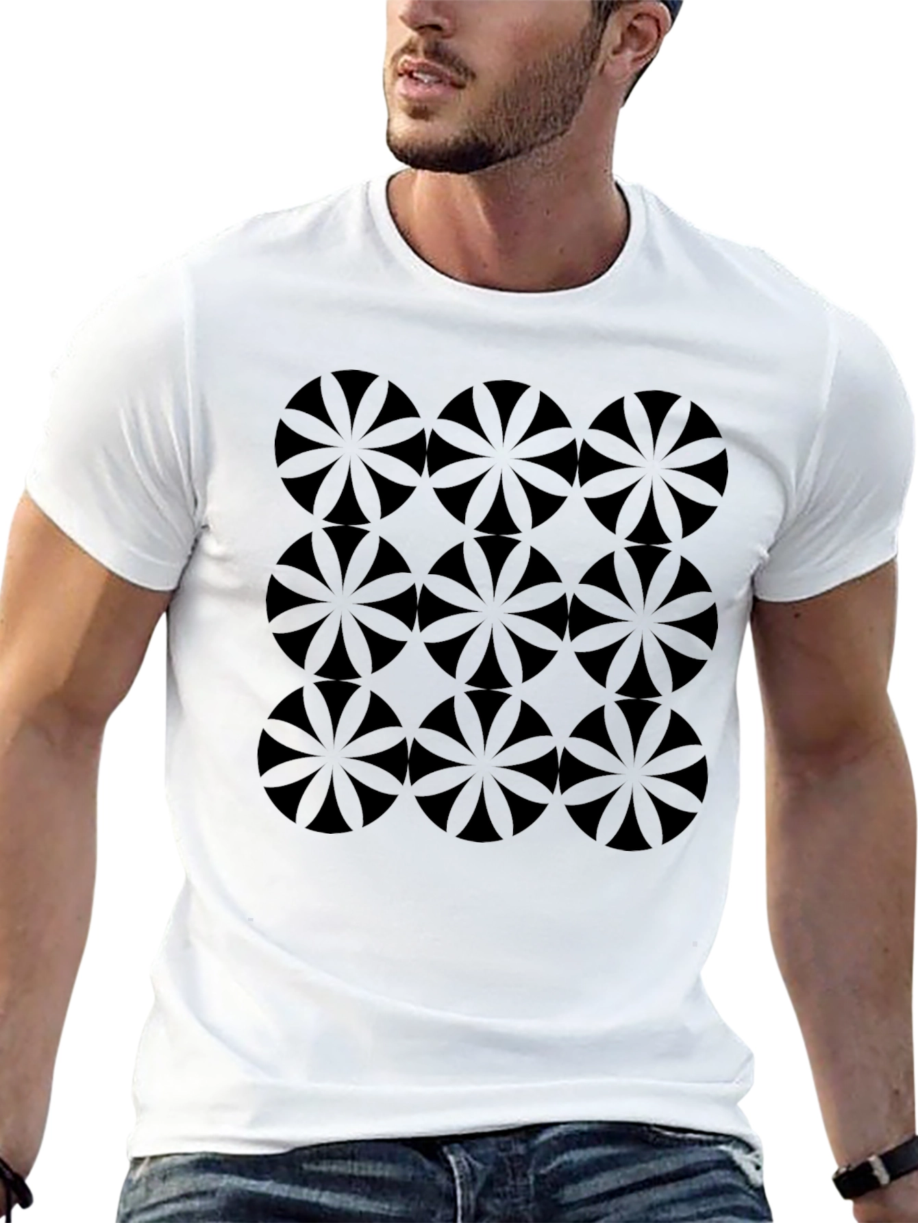 Geometric Flower Circle Pattern Black T-Shirt