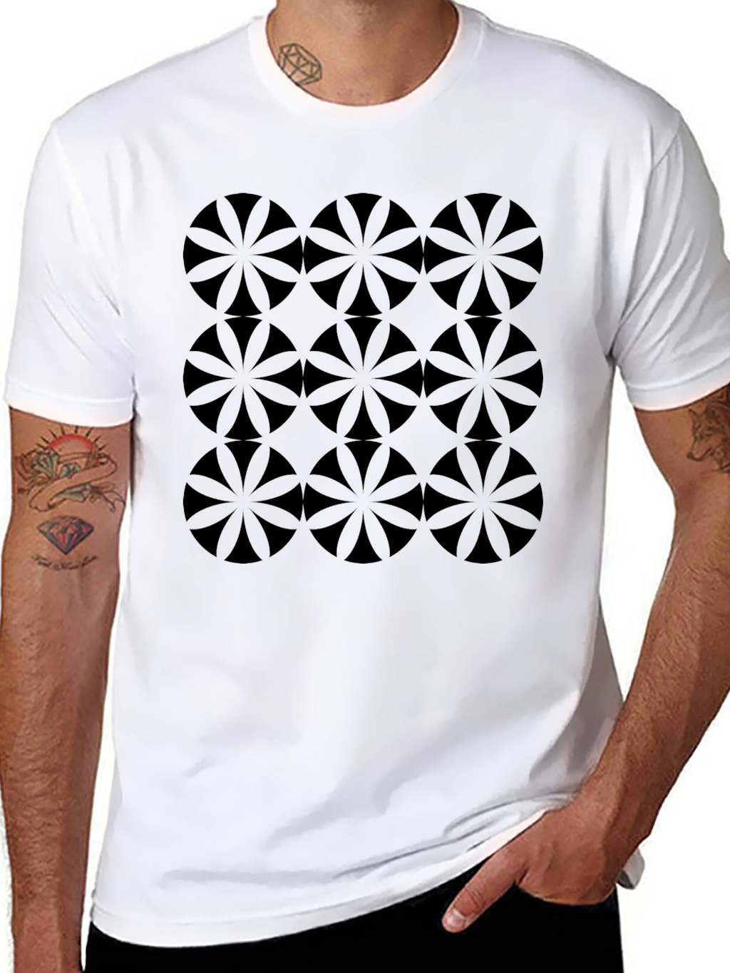 Geometric Flower Circle Pattern Black T-Shirt