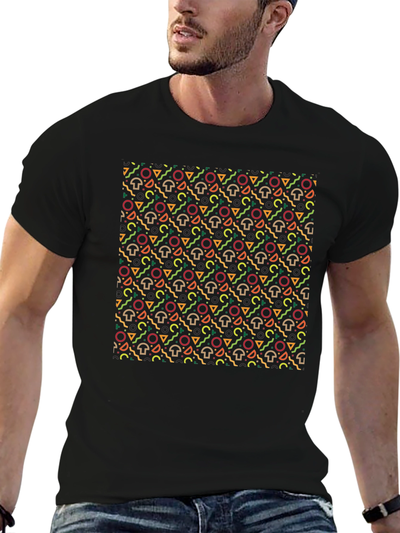 Funky Mushroom Pattern Black T-Shirt