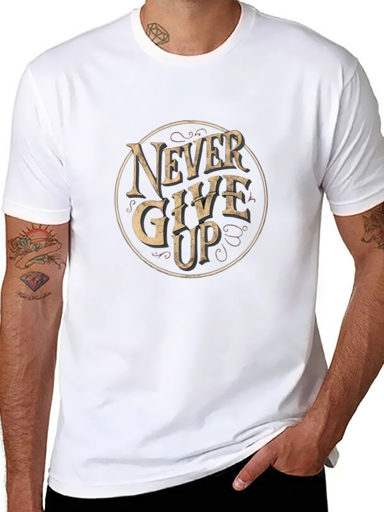 Never Give Up Graphic Print Black T-Shirt