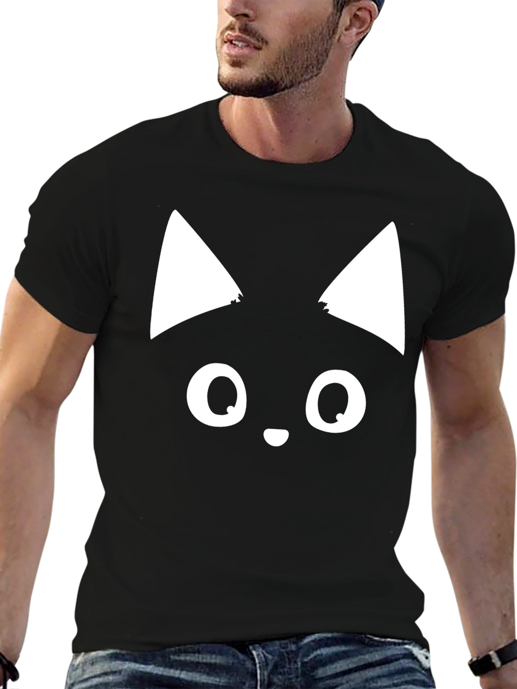 Cute Cat Face Graphic Tee - Black T-Shirt