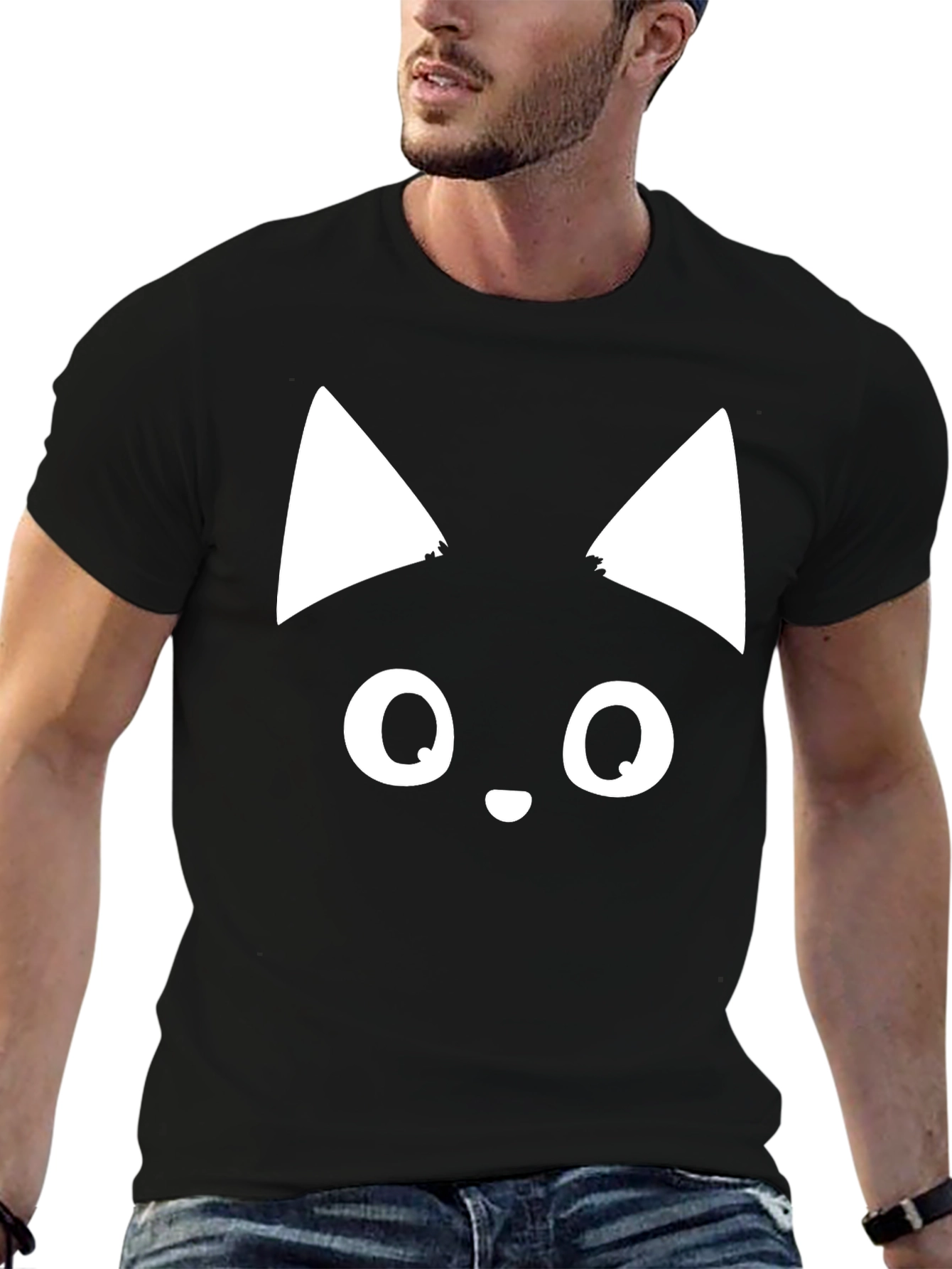 Cute Cat Face Graphic Tee - Black T-Shirt