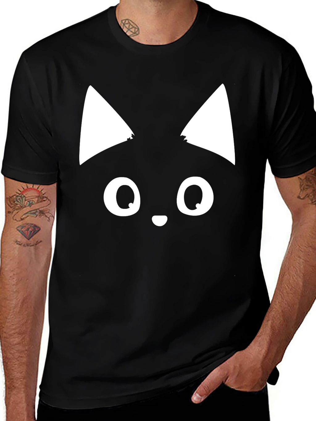 Cute Cat Face Graphic Tee - Black T-Shirt