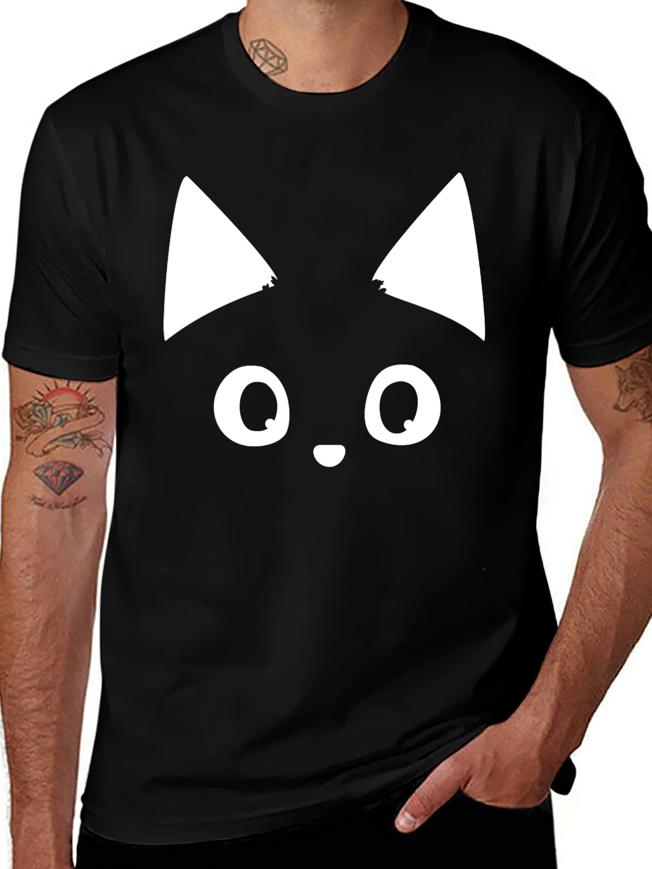 Cute Cat Face Graphic Tee - Black T-Shirt