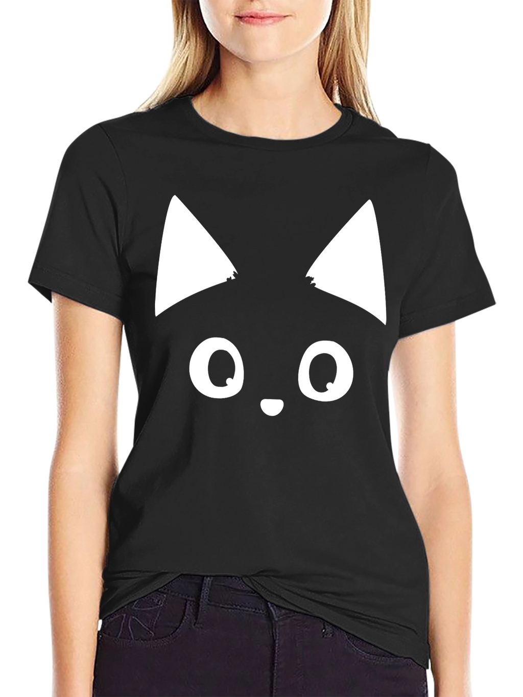 Cute Cat Face Graphic Tee - Black T-Shirt