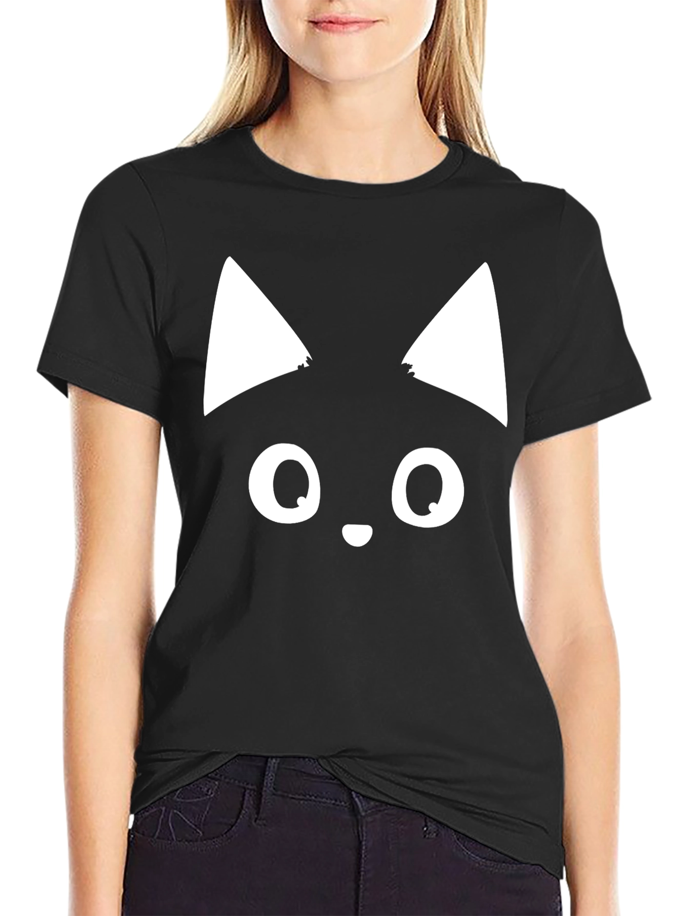 Cute Cat Face Graphic Tee - Black T-Shirt