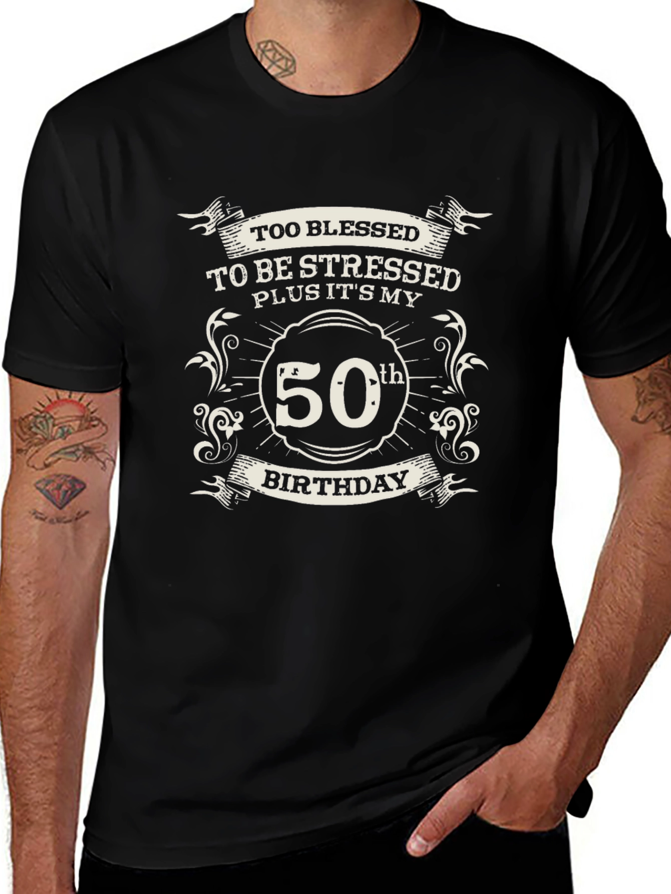50th Birthday Black T-Shirt: Blessed & Stressed
