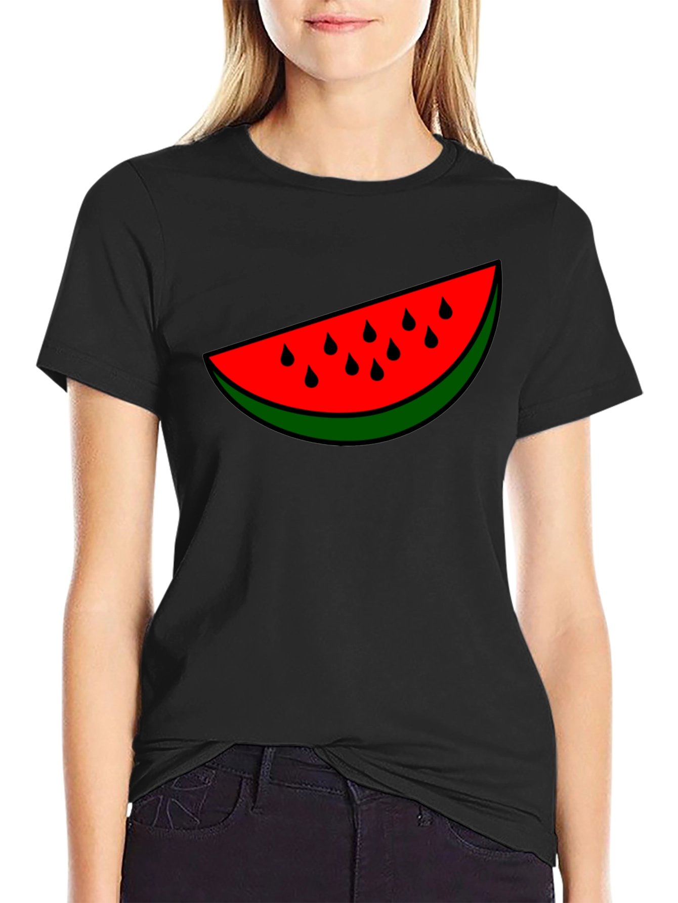 Watermelon Slice Graphic Tee - Black Cotton T-Shirt