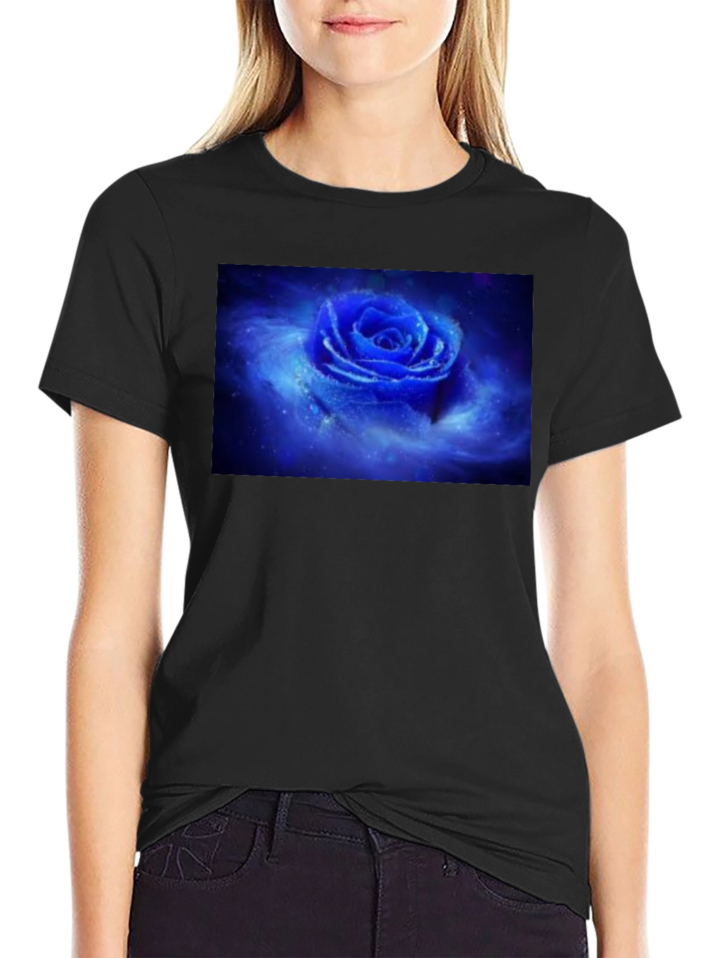 Black T-Shirt with Galaxy Rose Print