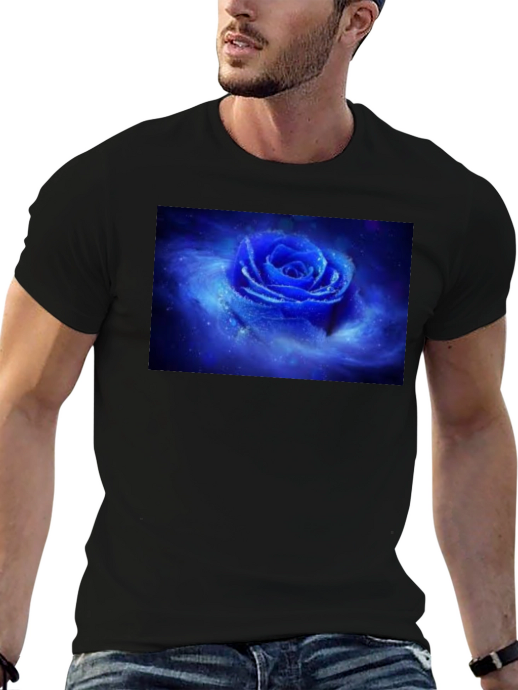Black T-Shirt with Galaxy Rose Print