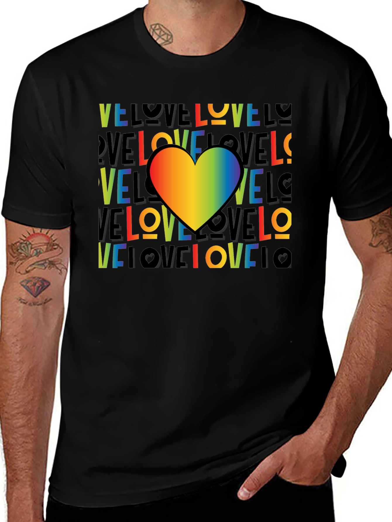 Rainbow Heart Love Graphic Black T-Shirt