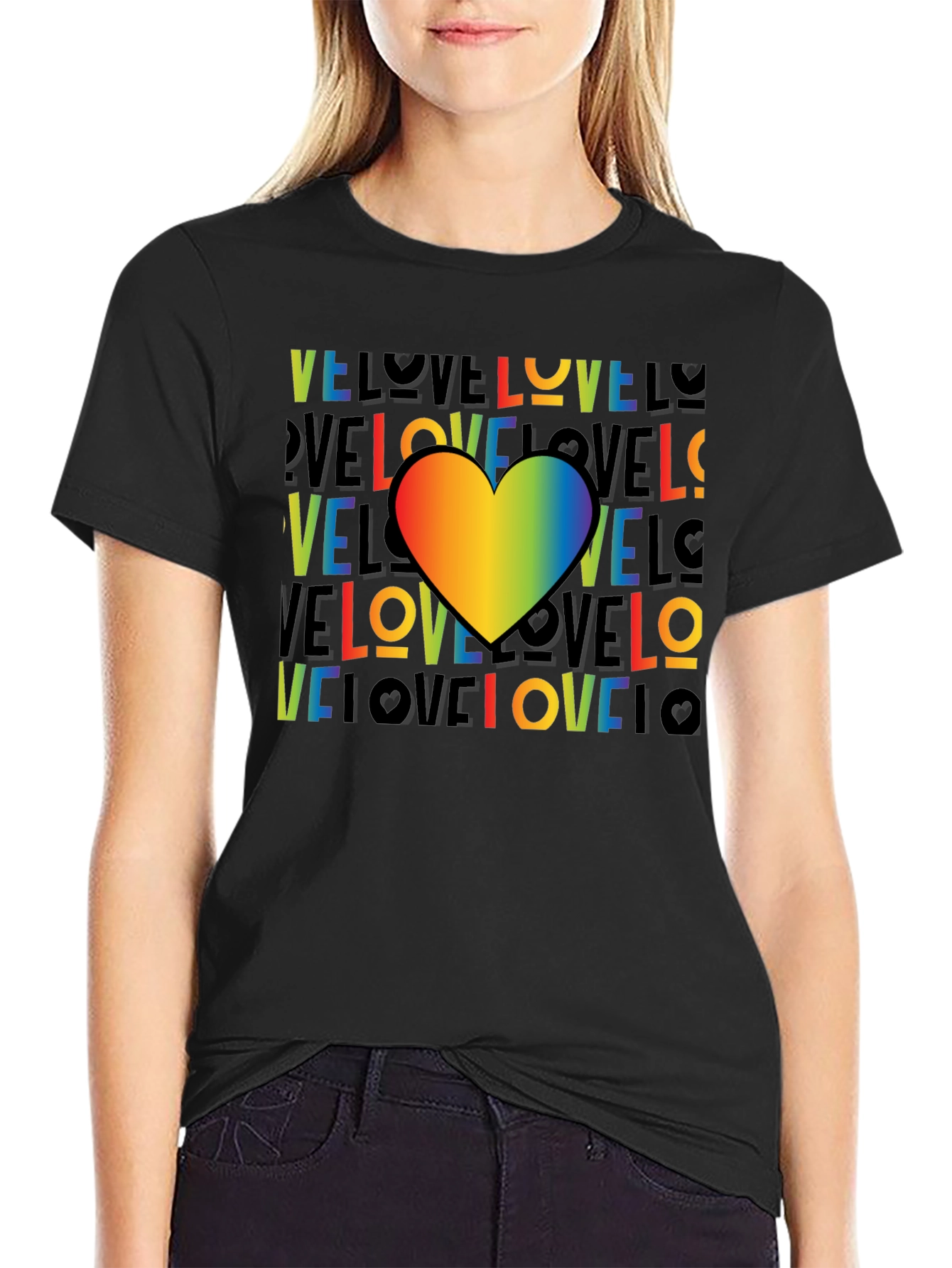 Rainbow Heart Love Graphic Black T-Shirt