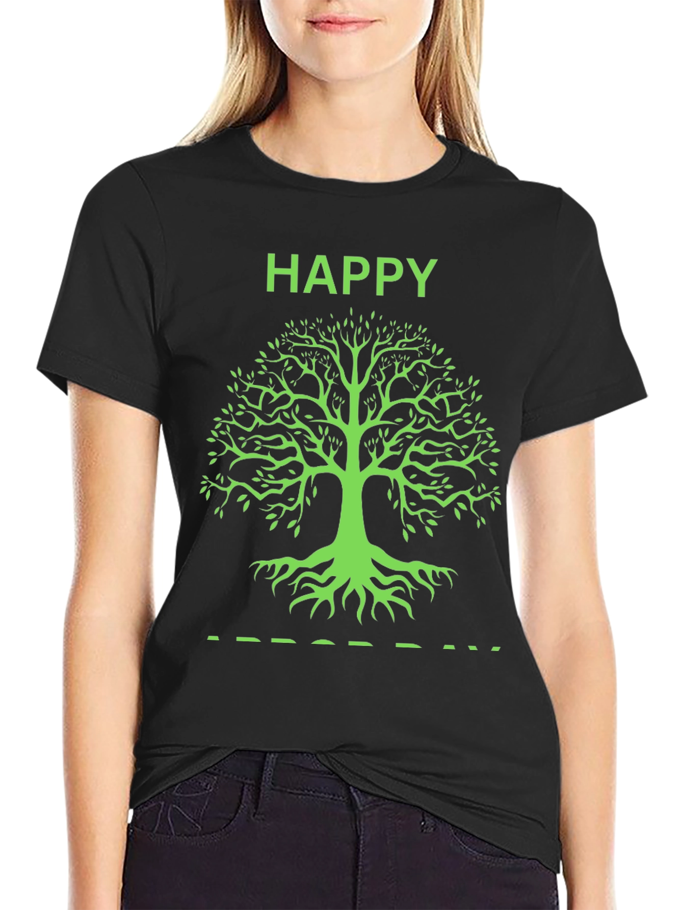 Happy Tree Graphic Tee - Black Cotton T-Shirt