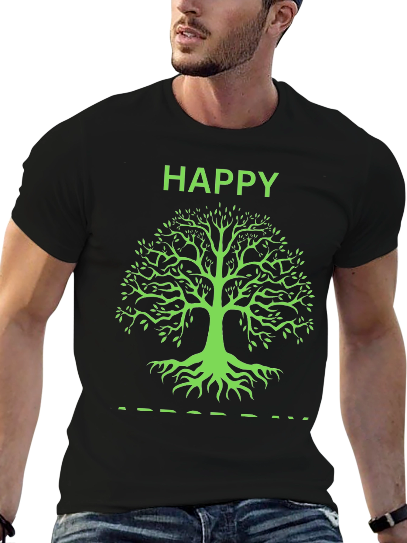 Happy Tree Graphic Tee - Black Cotton T-Shirt