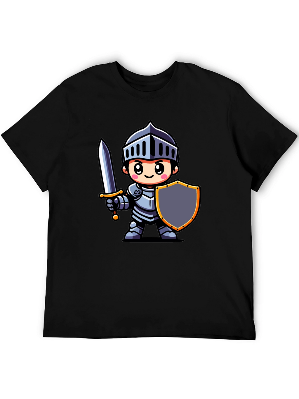 Cartoon Knight Graphic Tee - Black Cotton T-Shirt