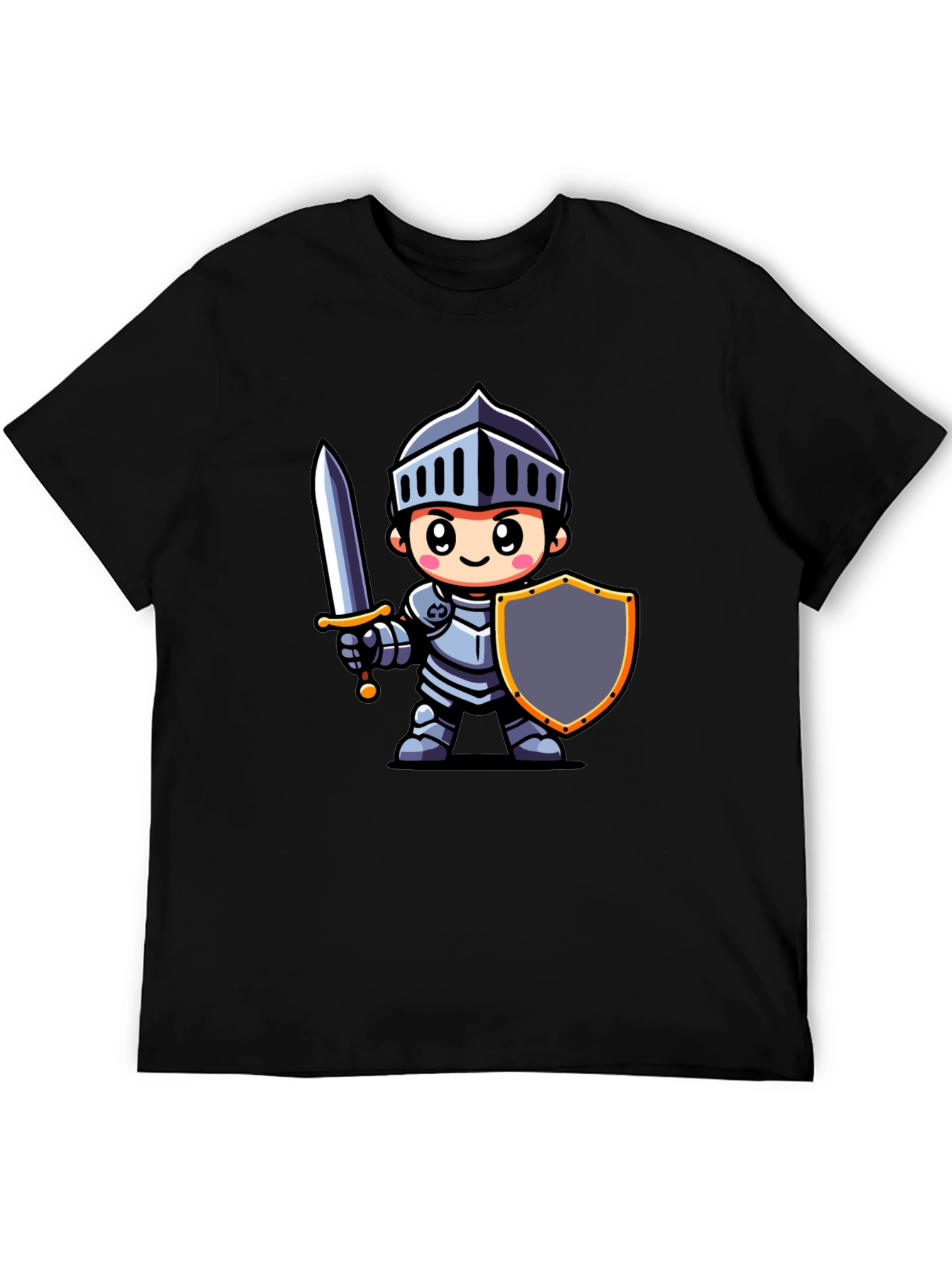 Cartoon Knight Graphic Tee - Black Cotton T-Shirt