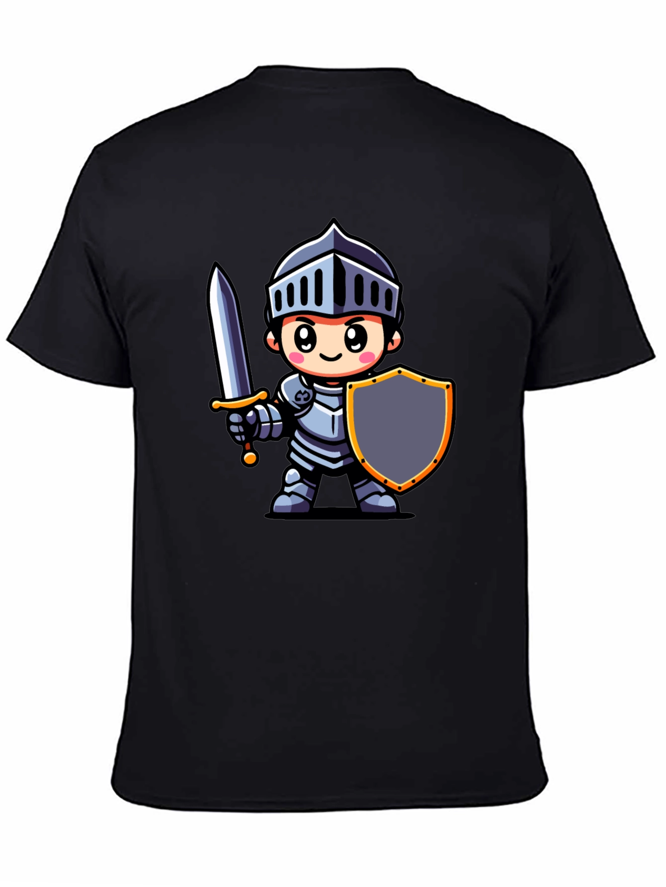 Cartoon Knight Graphic Tee - Black Cotton T-Shirt
