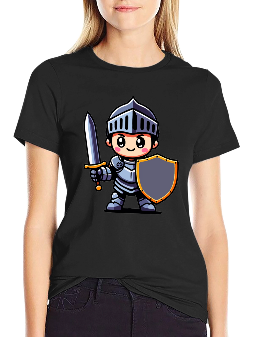 Cartoon Knight Graphic Tee - Black Cotton T-Shirt