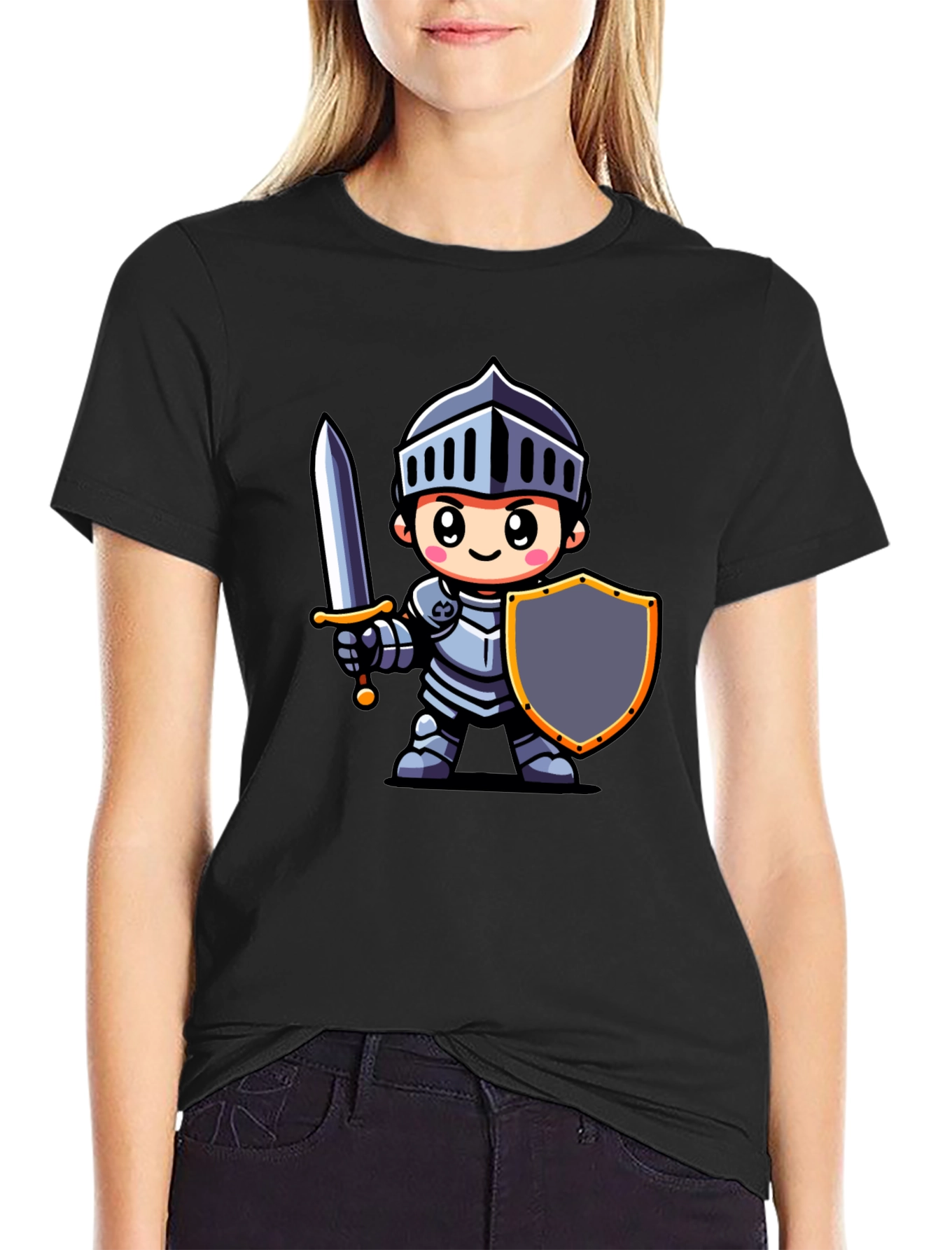 Cartoon Knight Graphic Tee - Black Cotton T-Shirt