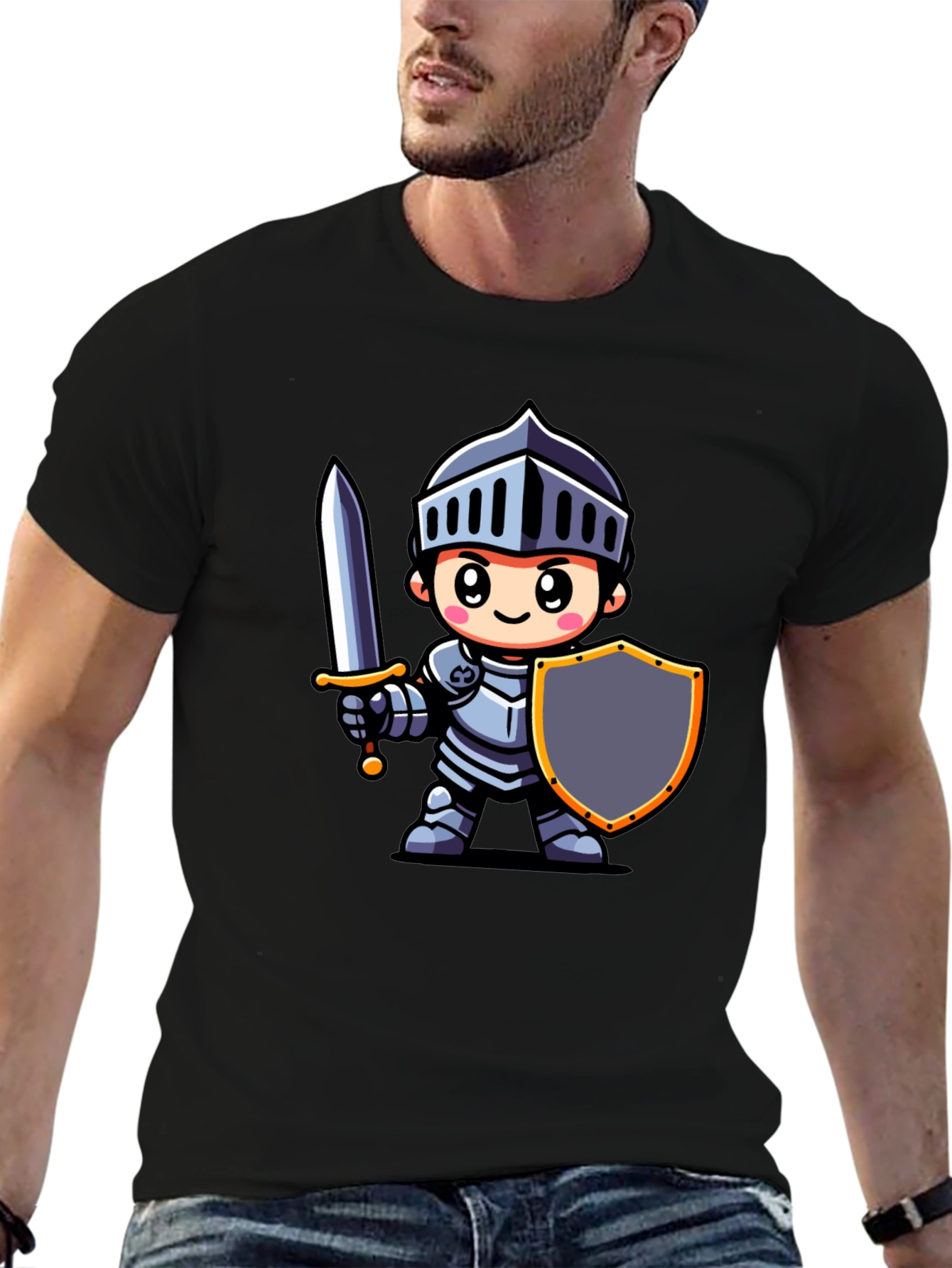 Cartoon Knight Graphic Tee - Black Cotton T-Shirt