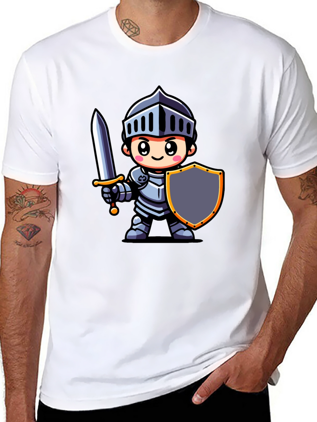 Cartoon Knight Graphic Tee - Black Cotton T-Shirt