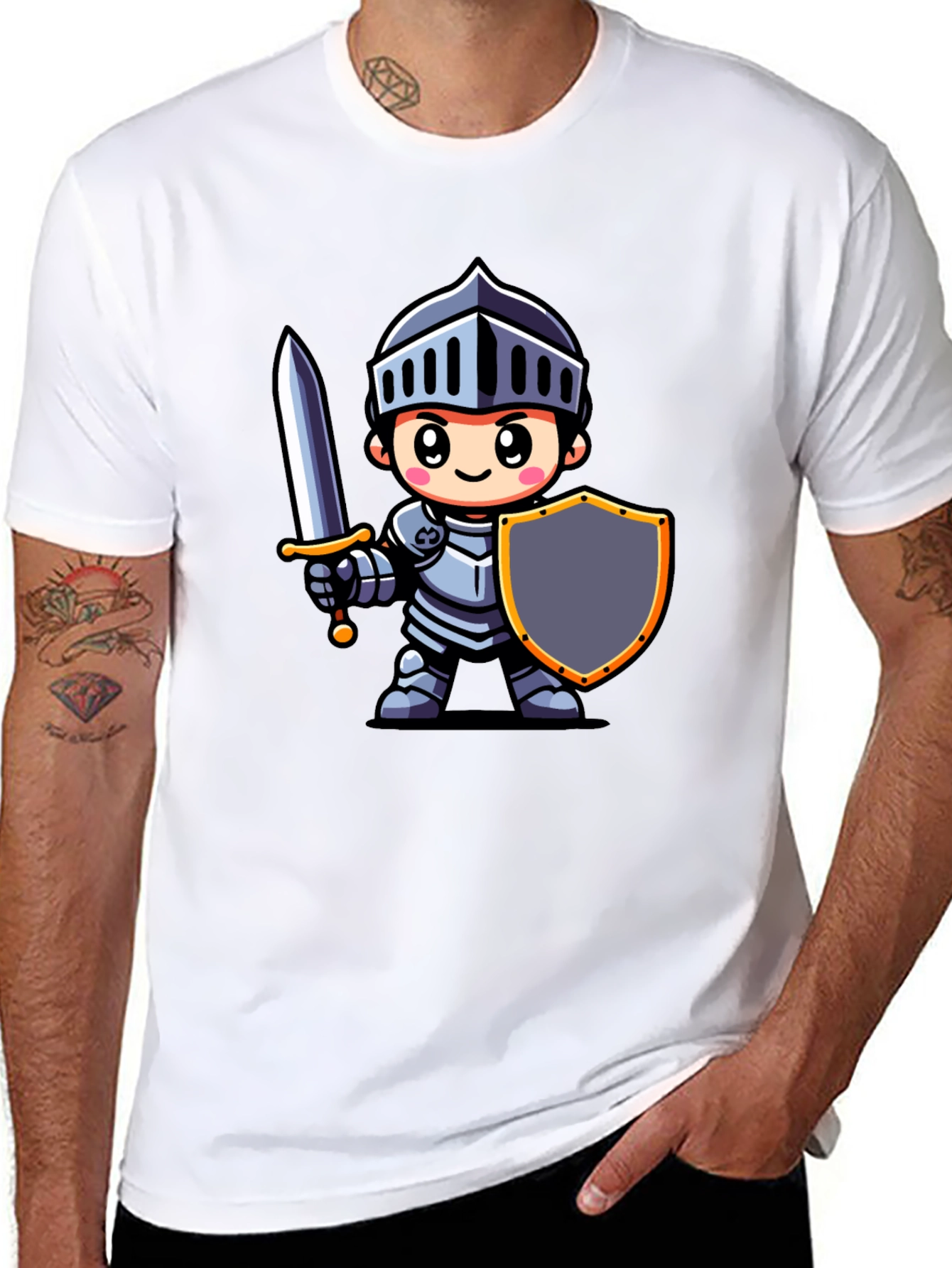 Cartoon Knight Graphic Tee - Black Cotton T-Shirt