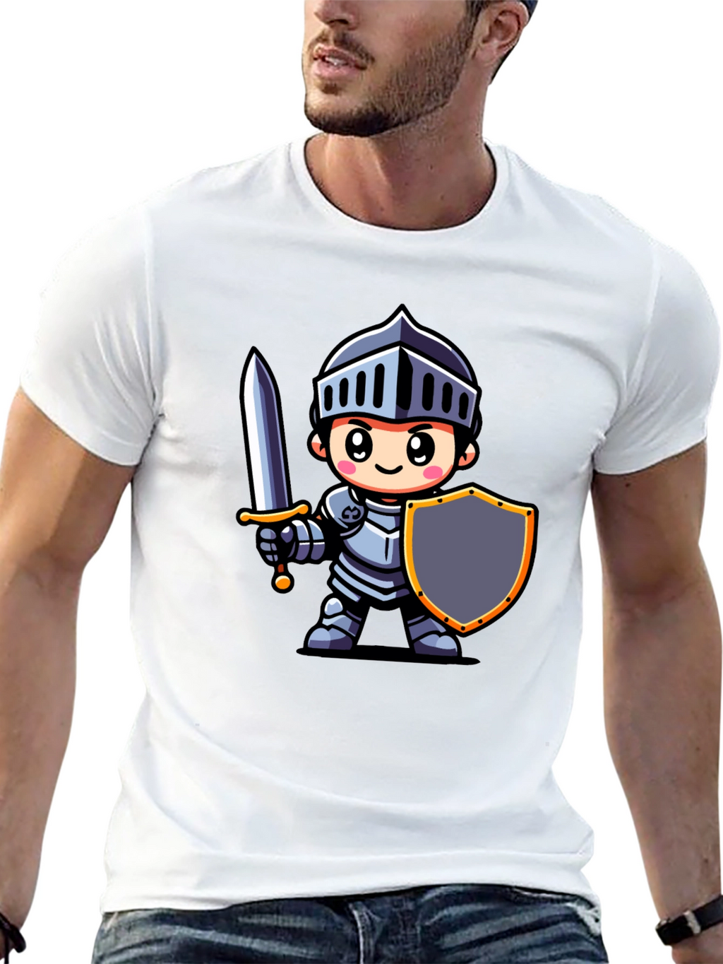 Cartoon Knight Graphic Tee - Black Cotton T-Shirt