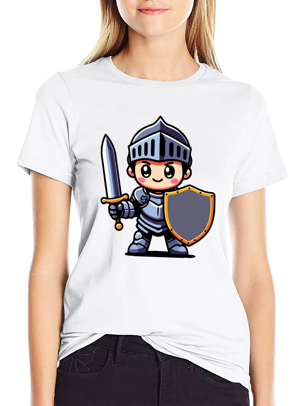 Cartoon Knight Graphic Tee - Black Cotton T-Shirt