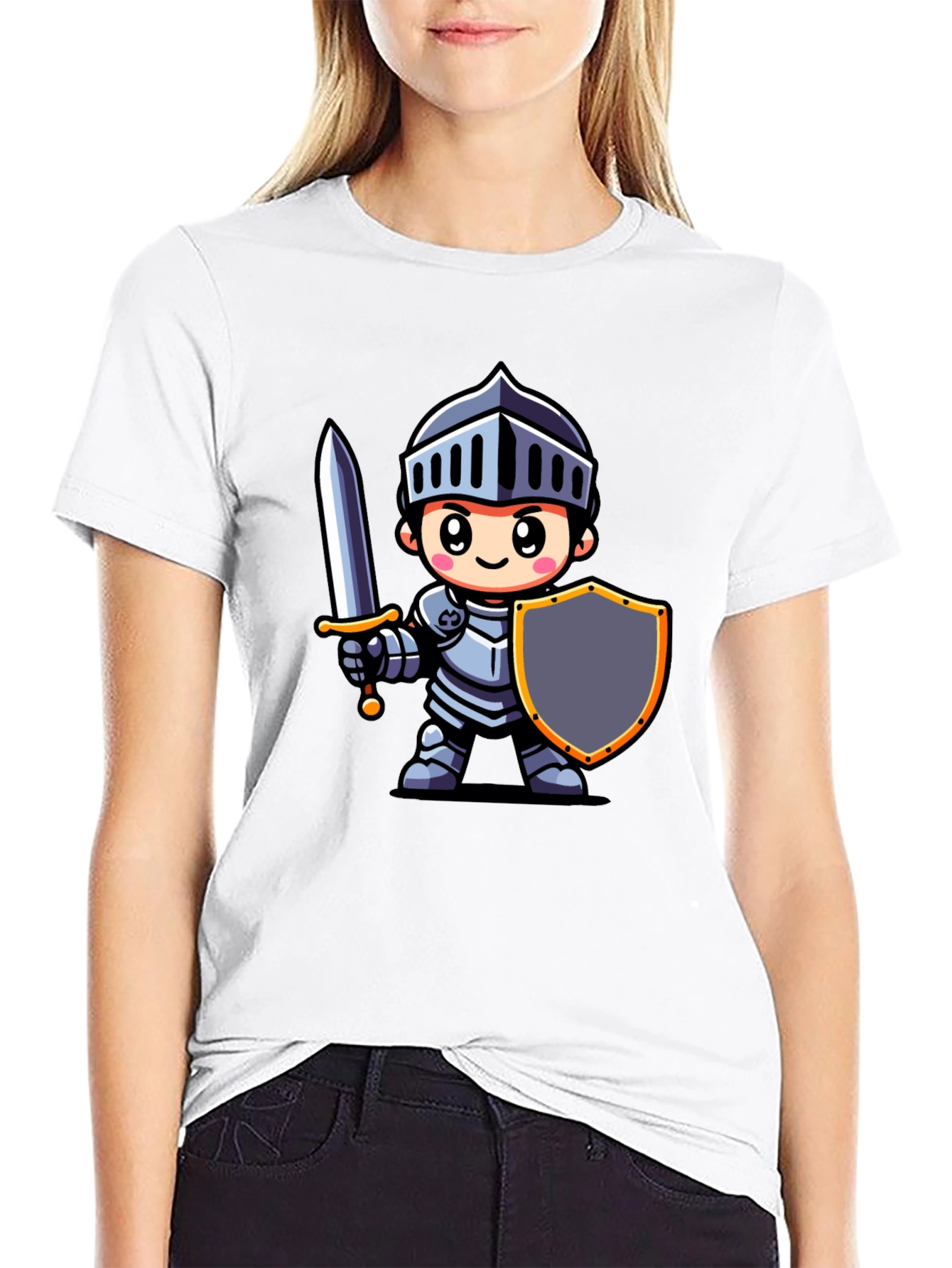 Cartoon Knight Graphic Tee - Black Cotton T-Shirt