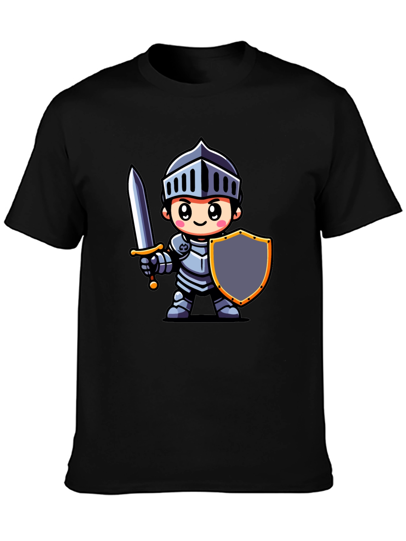 Cartoon Knight Graphic Tee - Black Cotton T-Shirt