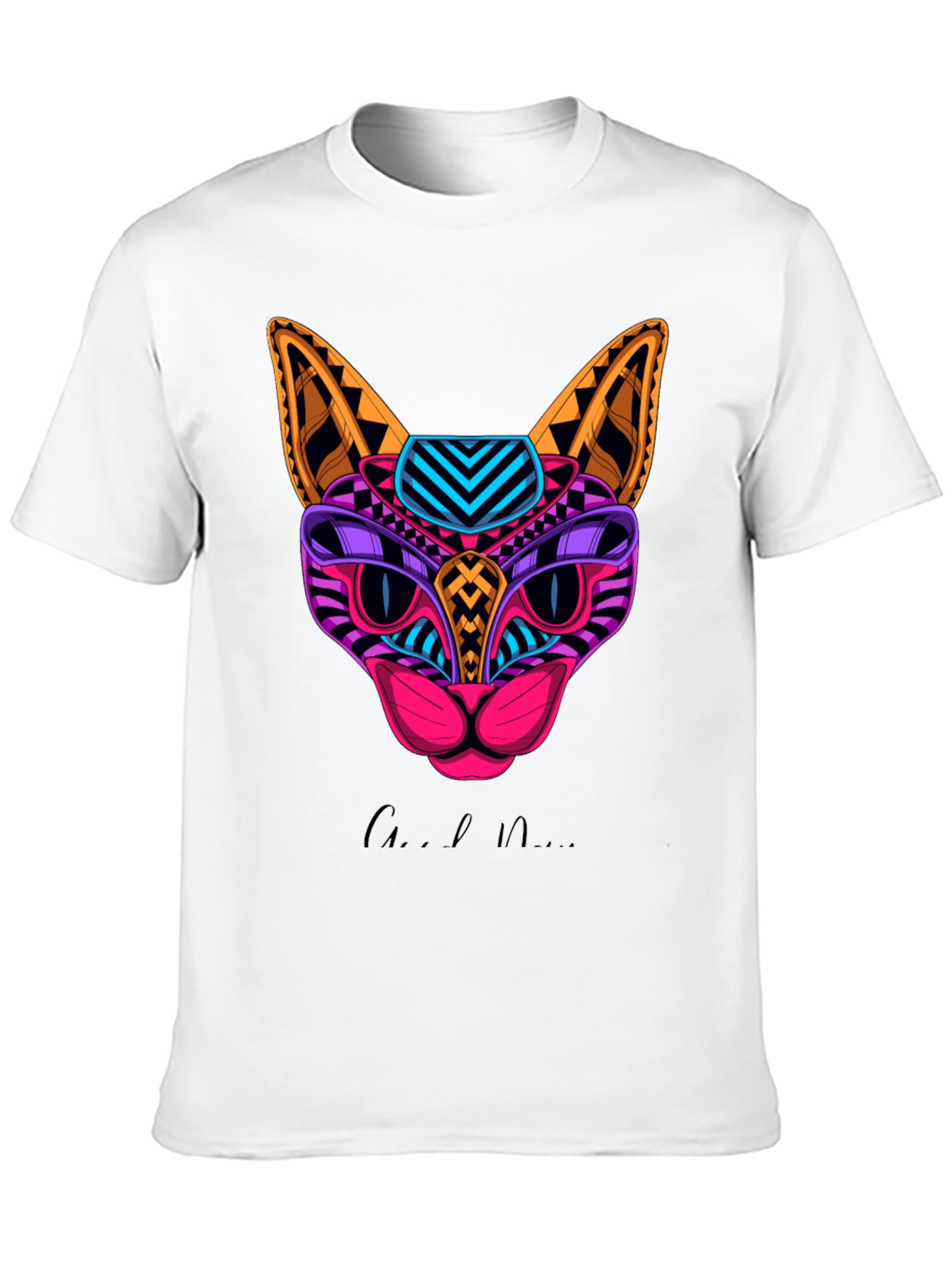 Vibrant Geometric Cat Graphic Print T-Shirt