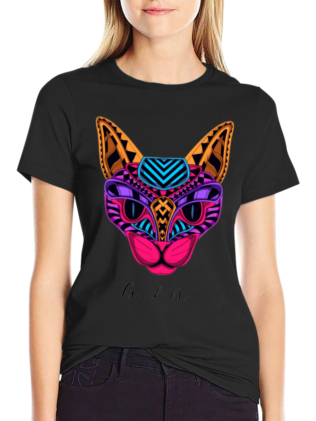 Vibrant Geometric Cat Graphic Print T-Shirt