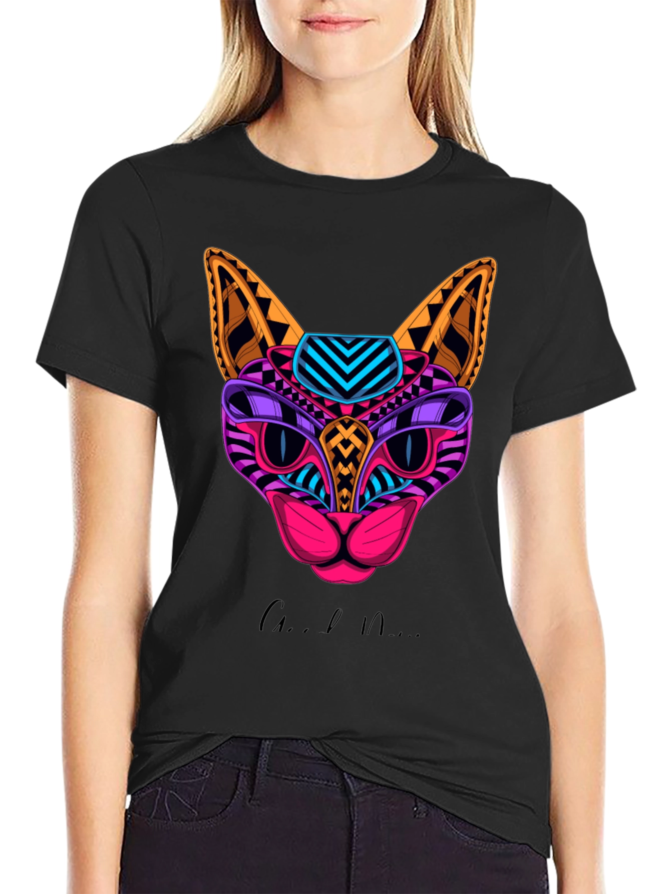 Vibrant Geometric Cat Graphic Print T-Shirt