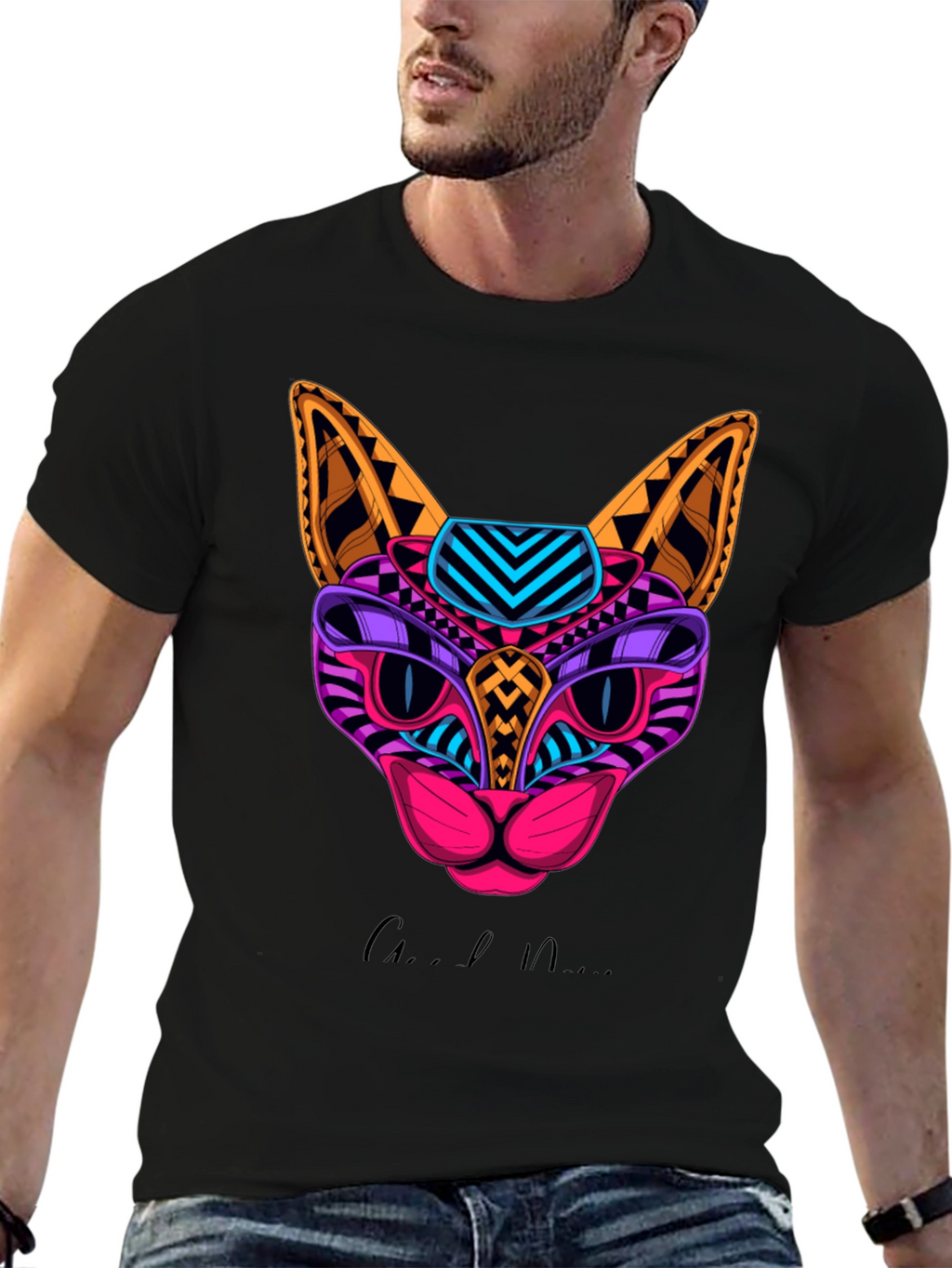 Vibrant Geometric Cat Graphic Print T-Shirt