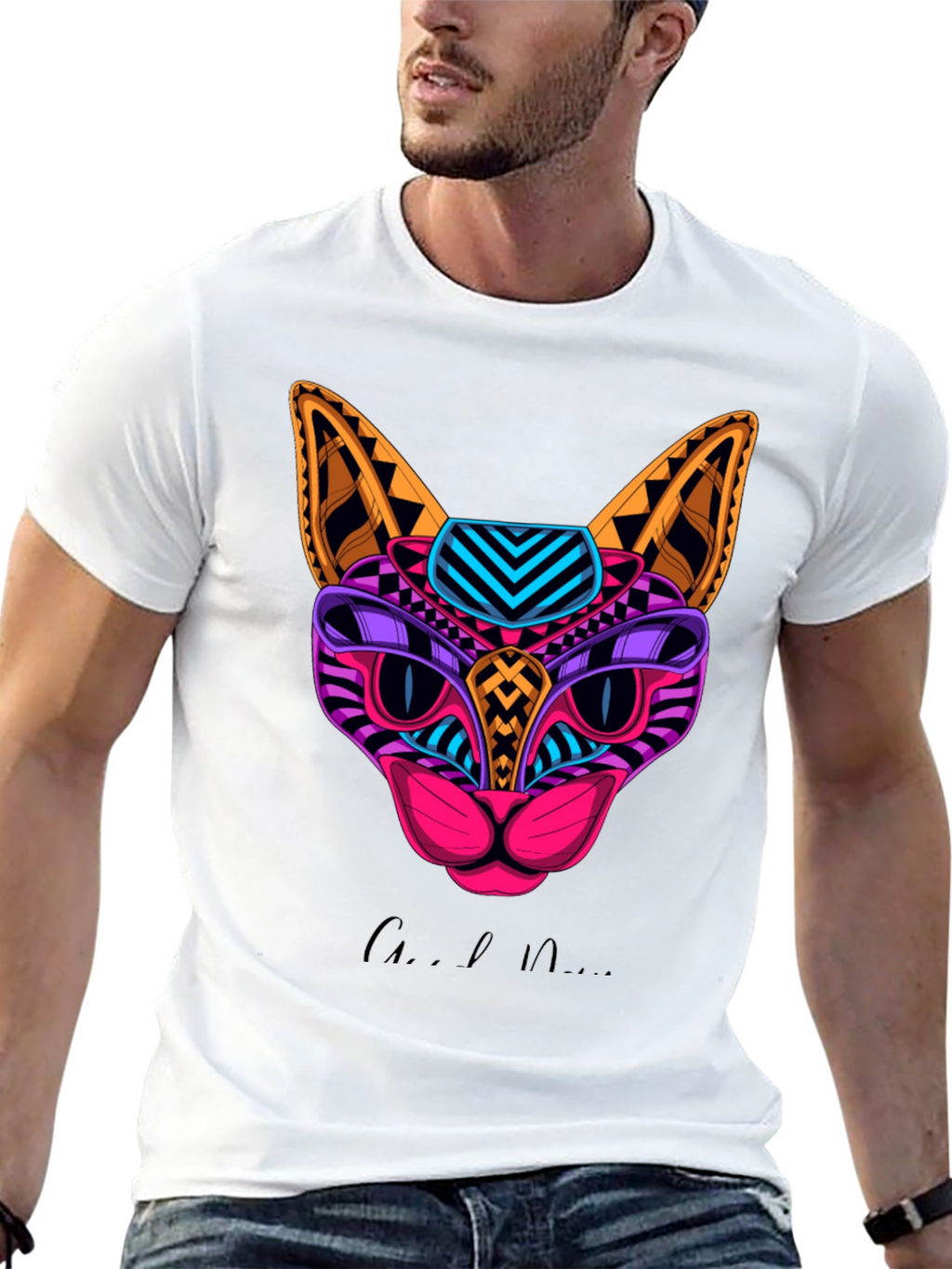 Vibrant Geometric Cat Graphic Print T-Shirt