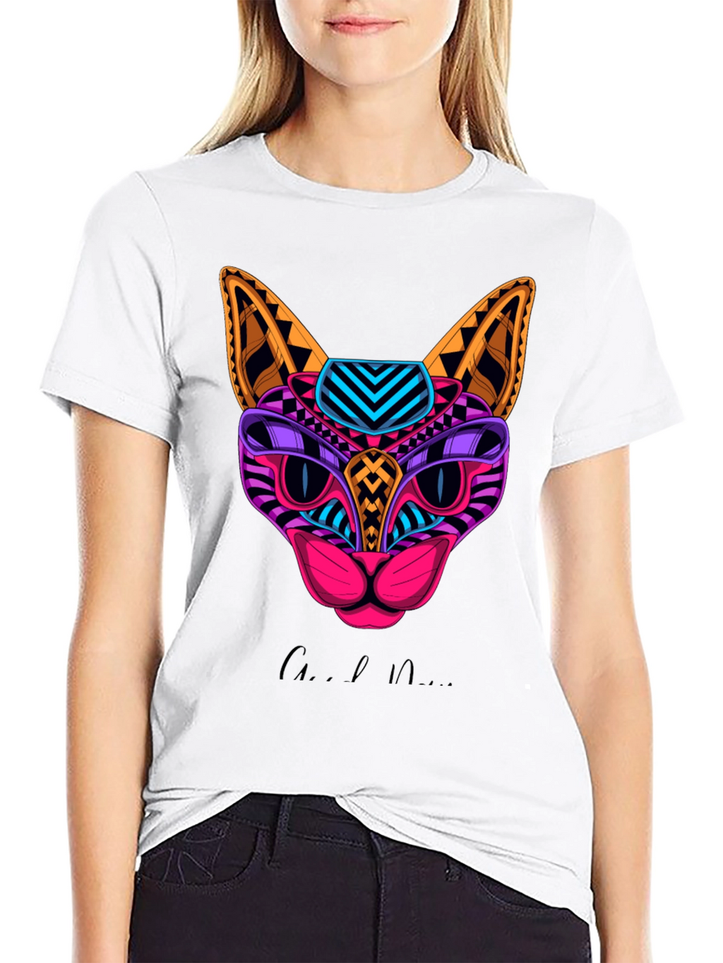 Vibrant Geometric Cat Graphic Print T-Shirt