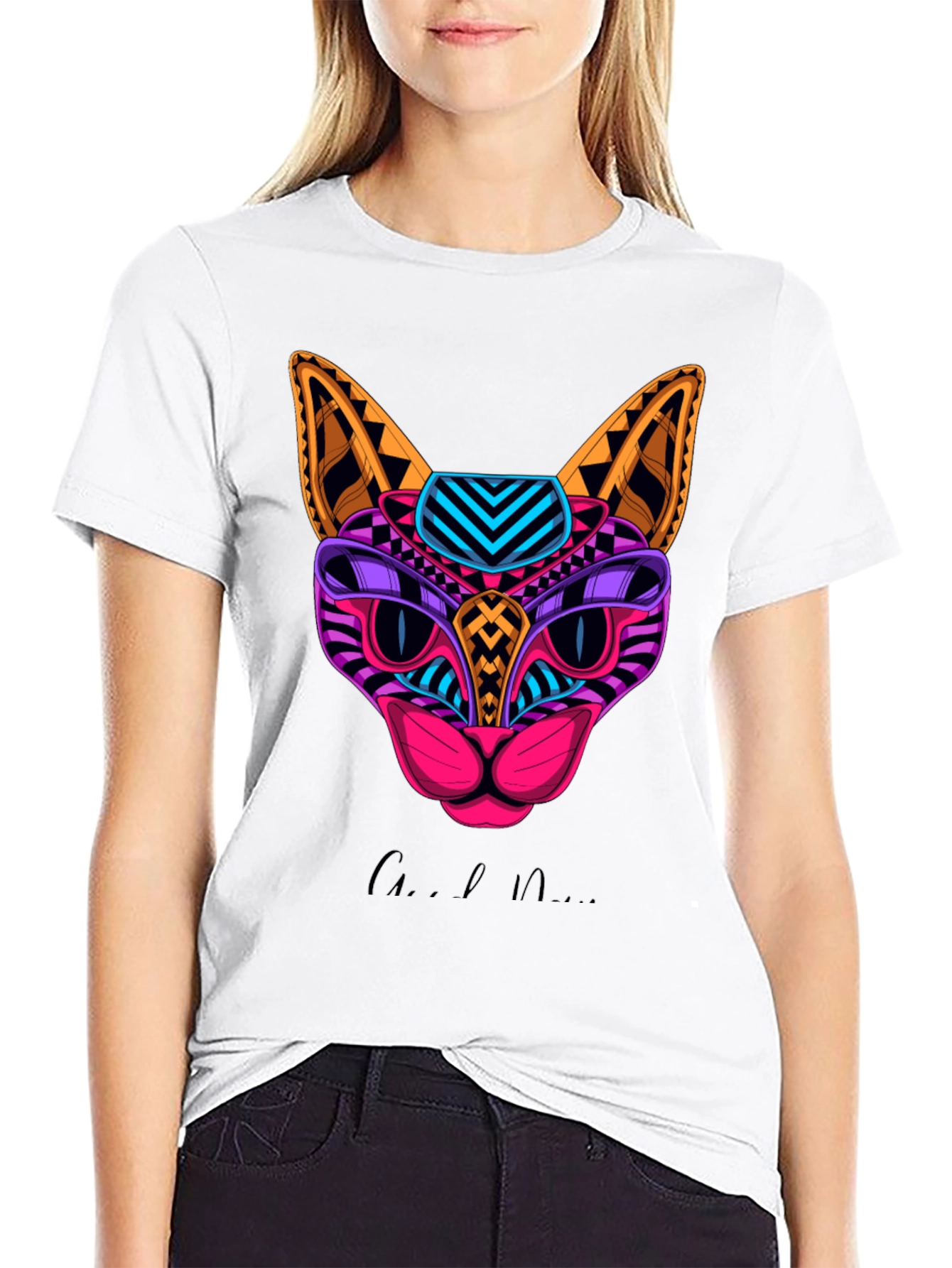 Vibrant Geometric Cat Graphic Print T-Shirt