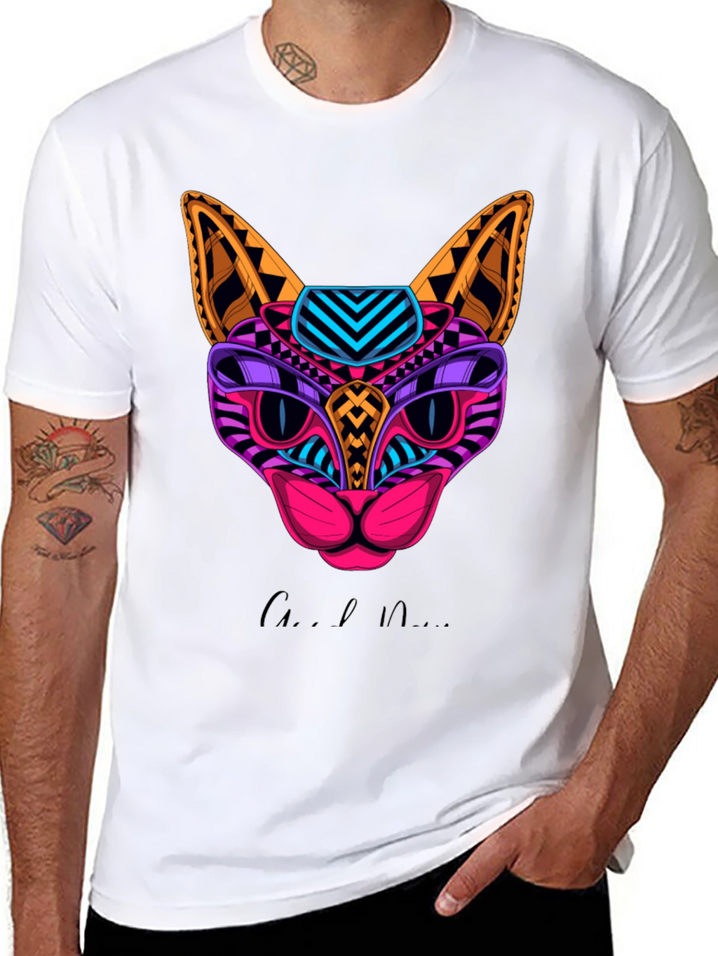 Vibrant Geometric Cat Graphic Print T-Shirt