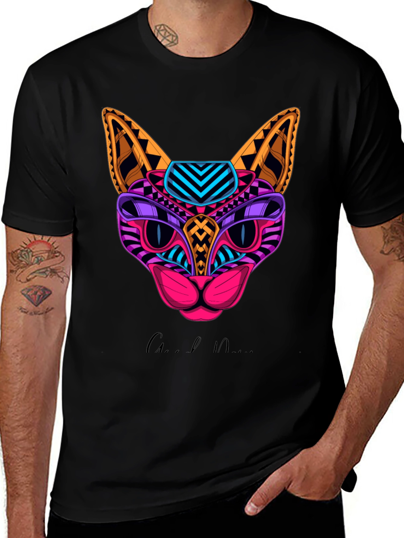 Vibrant Geometric Cat Graphic Print T-Shirt