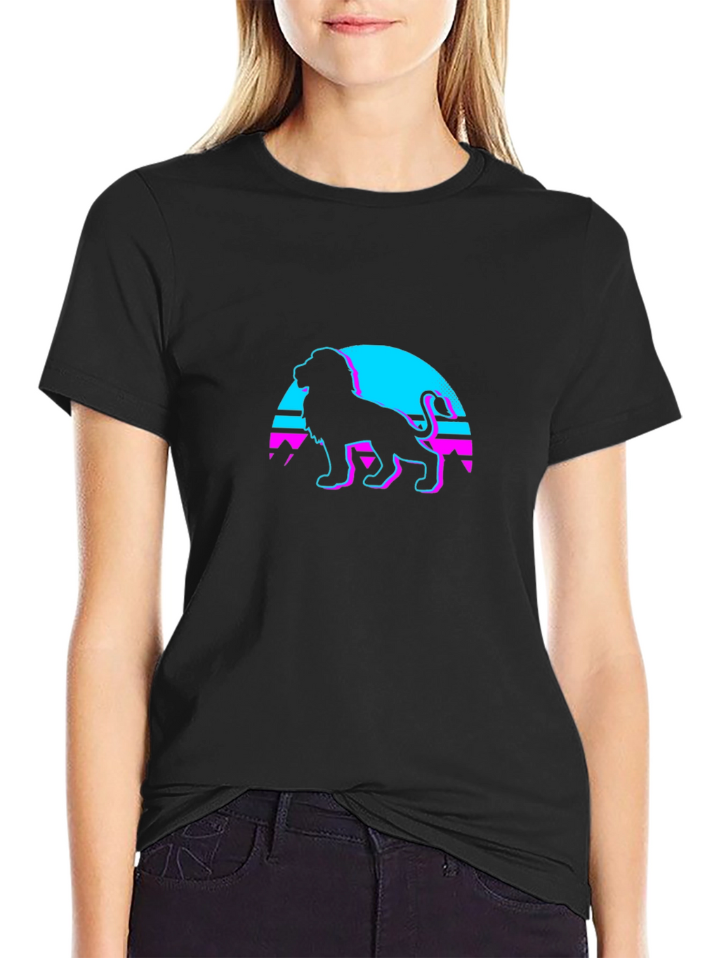 Retro Lion Graphic Tee - Black Cotton Blend