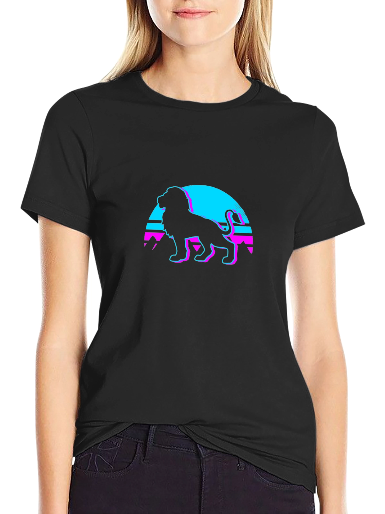 Retro Lion Graphic Tee - Black Cotton Blend