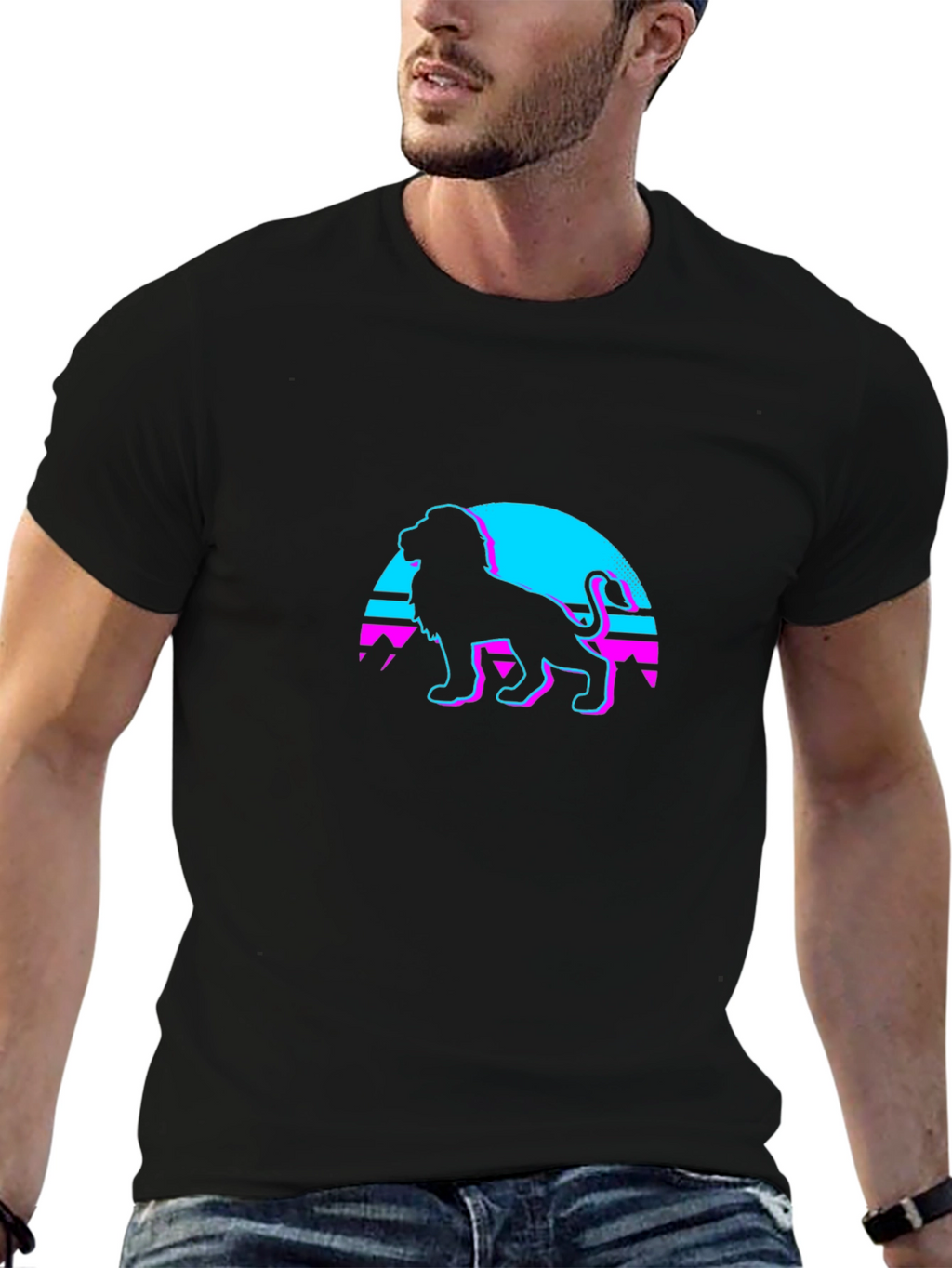 Retro Lion Graphic Tee - Black Cotton Blend