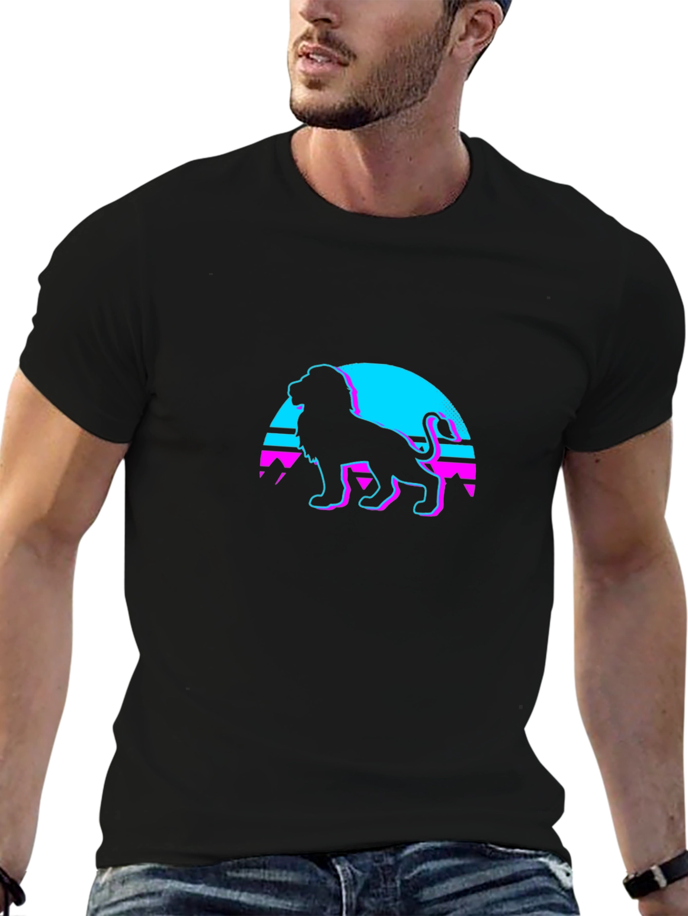 Retro Lion Graphic Tee - Black Cotton Blend