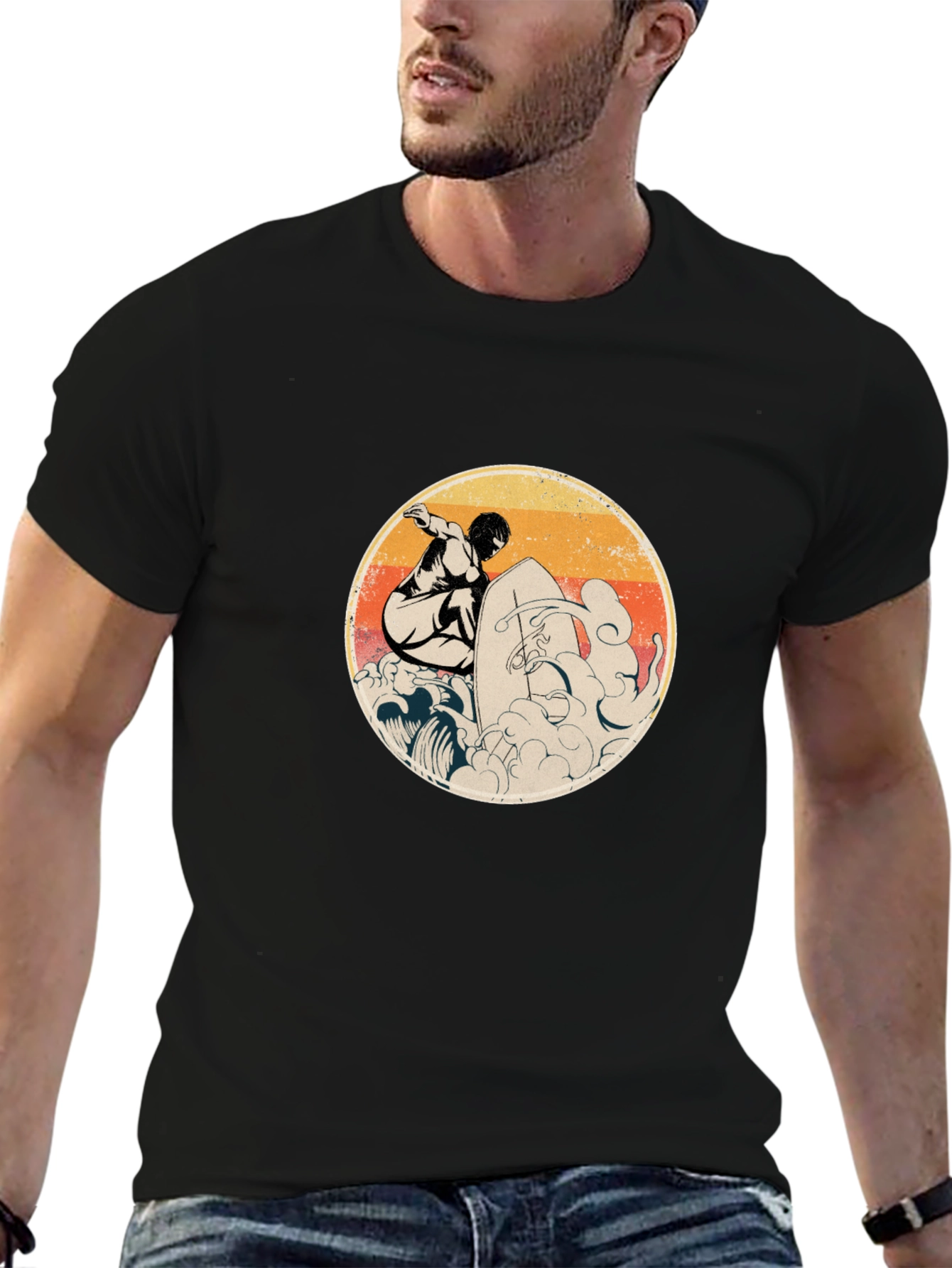 Retro Surfer Graphic Black T-Shirt