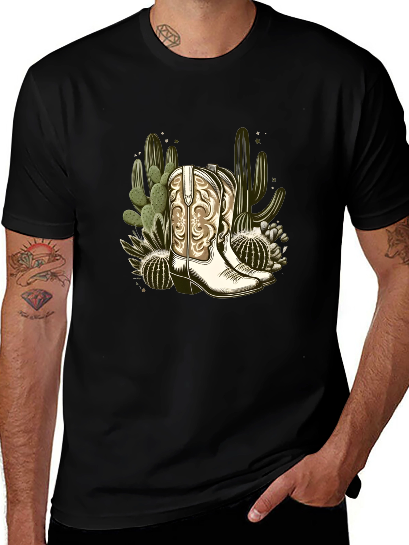 Cowboy Boots & Cactus Graphic T-Shirt - Western Style