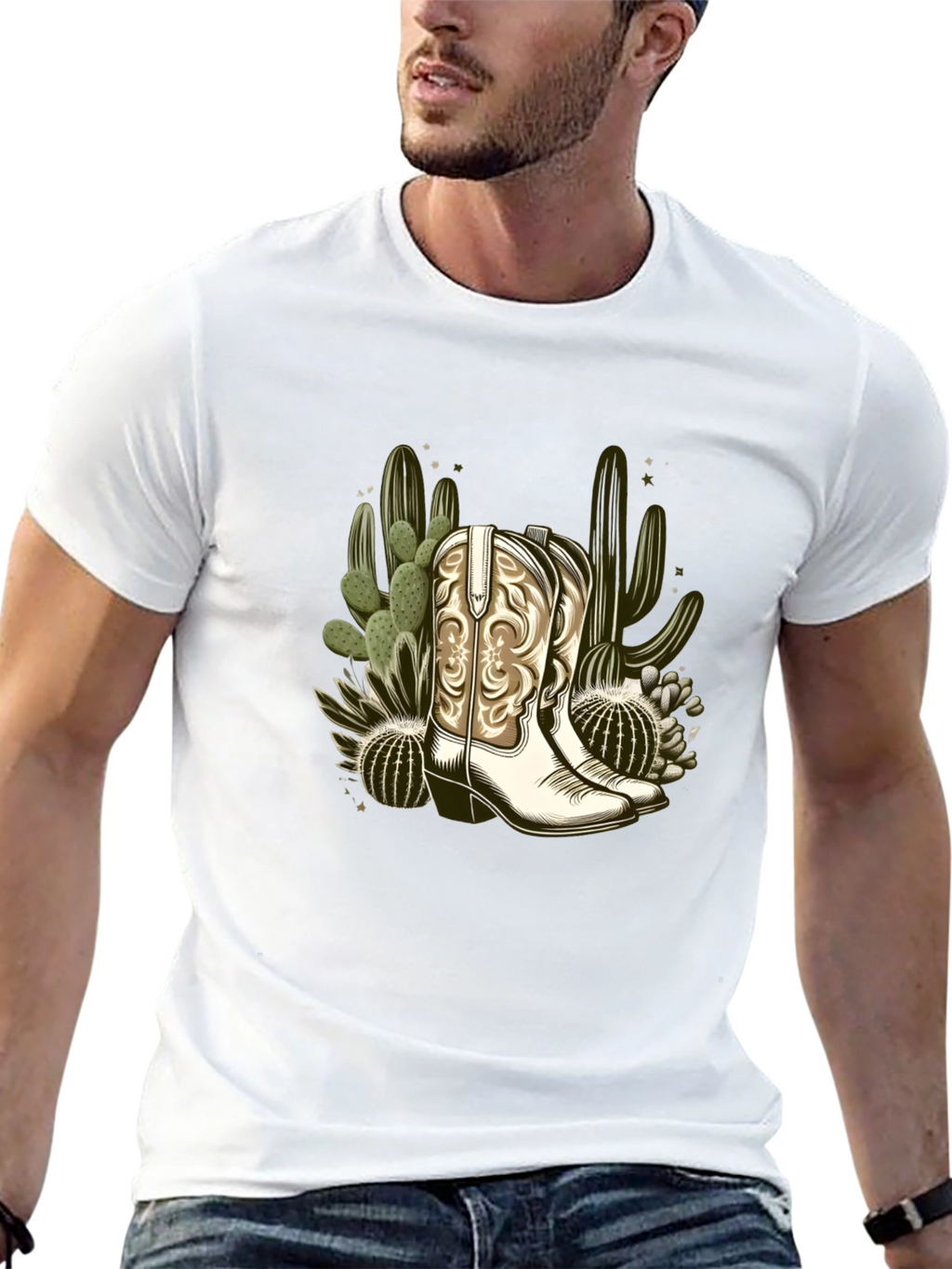 Cowboy Boots & Cactus Graphic T-Shirt - Western Style