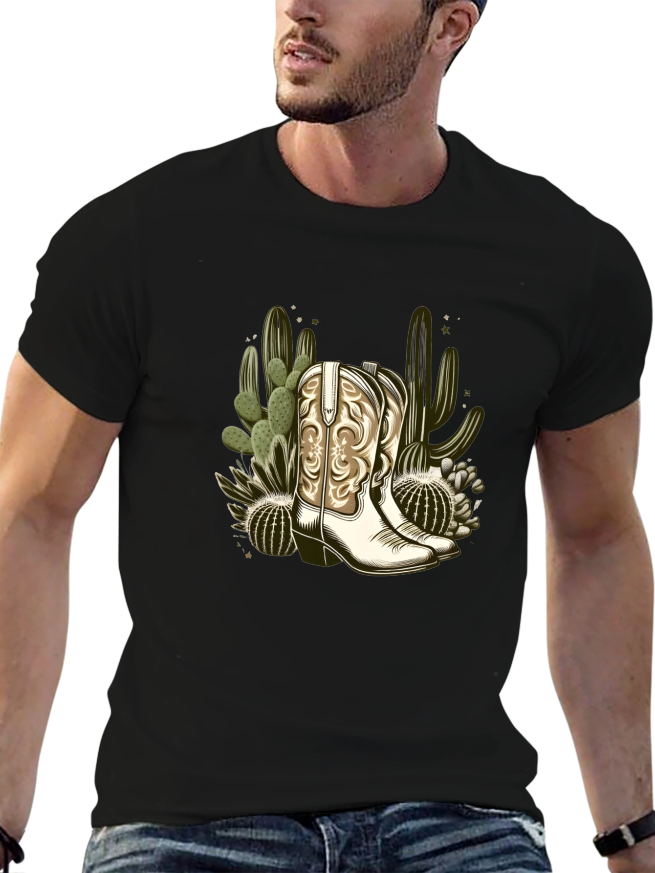 Cowboy Boots & Cactus Graphic T-Shirt - Western Style
