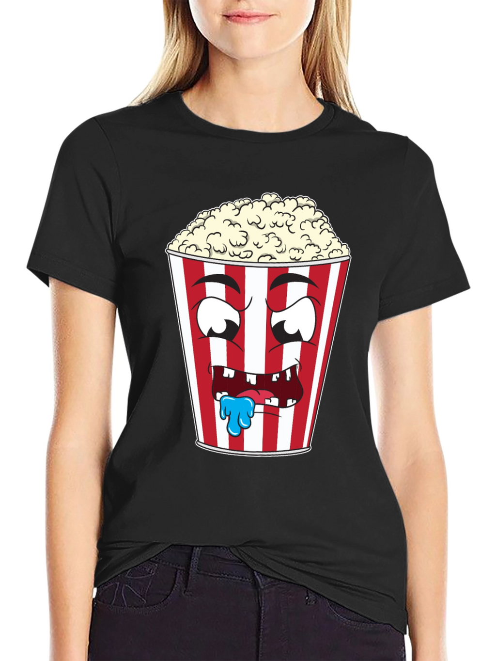 Funny Popcorn Cartoon Graphic Black T-Shirt