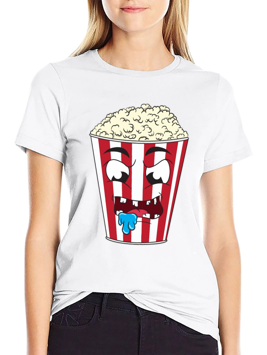 Funny Popcorn Cartoon Graphic Black T-Shirt